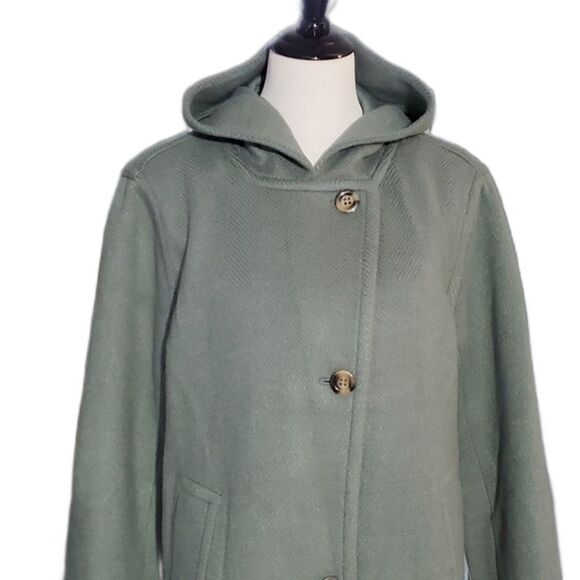 Ann Taylor Gray Green Wool Blend Button Front Hooded Oversized Mid Length Coat - Picture 1 of 9